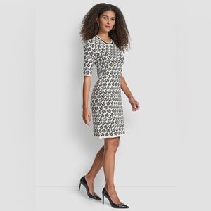 DKNY Short Sleeve Logo Intarsia Sweater Dress in a black and white allover logo
